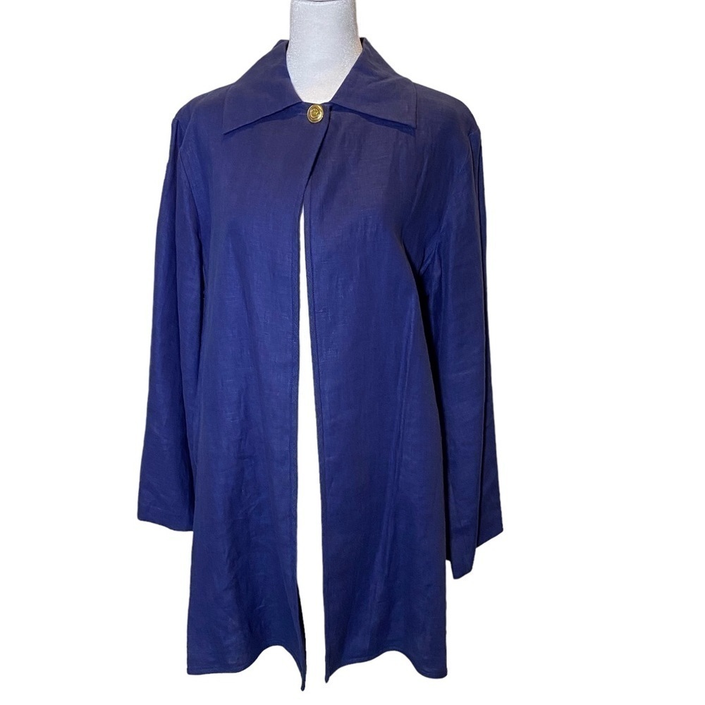 Lauren Sara Classics sz small 100% linen single button solid blue duster blazer